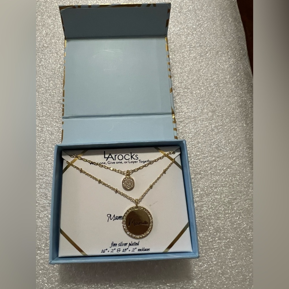 Larock brand gold plated lacn stamped necklace NWT in original box